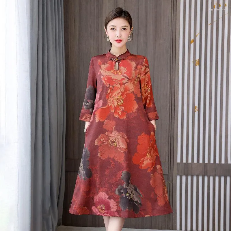 Casual Dresses 2023 Spring And Autumn Dress Women's Temperament Relaxed Cheongsam Fashion Stand Collar 3/4 Sleeves Retro Printed