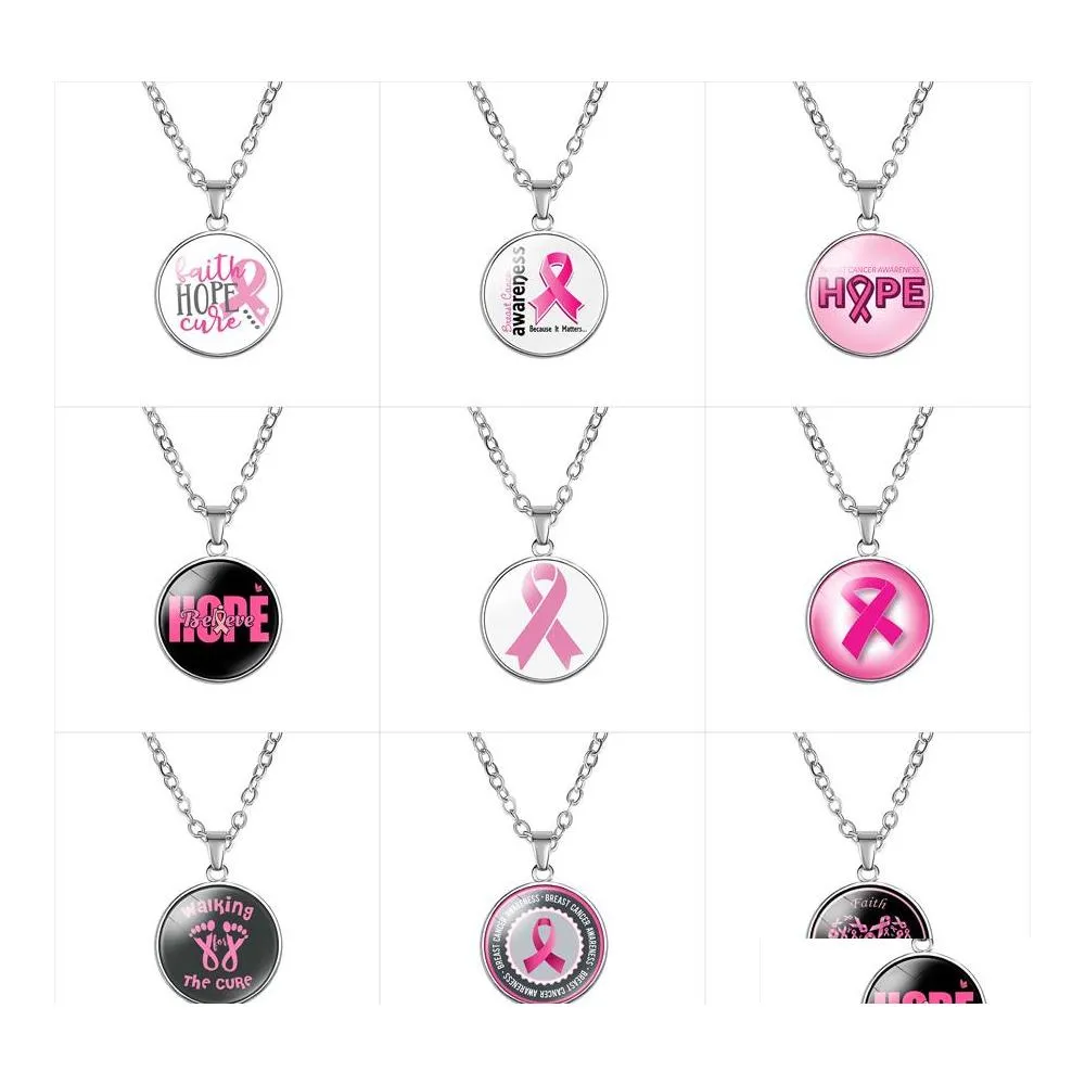 Pendant Necklaces Breast Cancer Awareness Pink Ribbon For Women Glass Faith Hope Cure Believe Letter Chains Fashion Jewelry In Bk Dr Otqzw