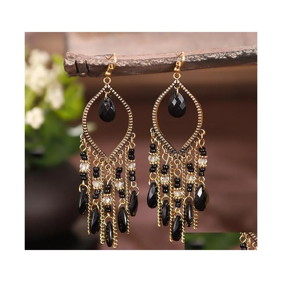 Cuelga la lámpara clásica de la vendimia para mujer Corf Crystal Beads Pendientes largos de la borla Joyería de moda Bohemia Pendiente de boda Perchas 4 Dh7De