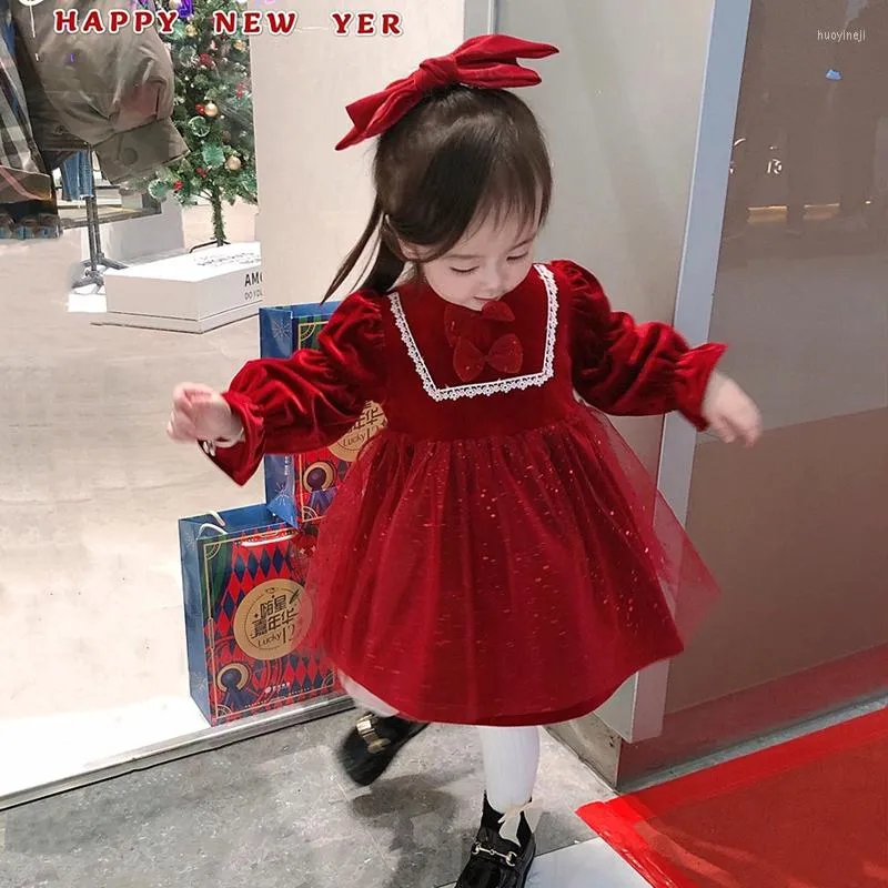 Girl Dresses 2023 Winter Year Kids Clothes Girls Plus Velvet Red Dress Birthday Party Princess Children Shining Vestidos