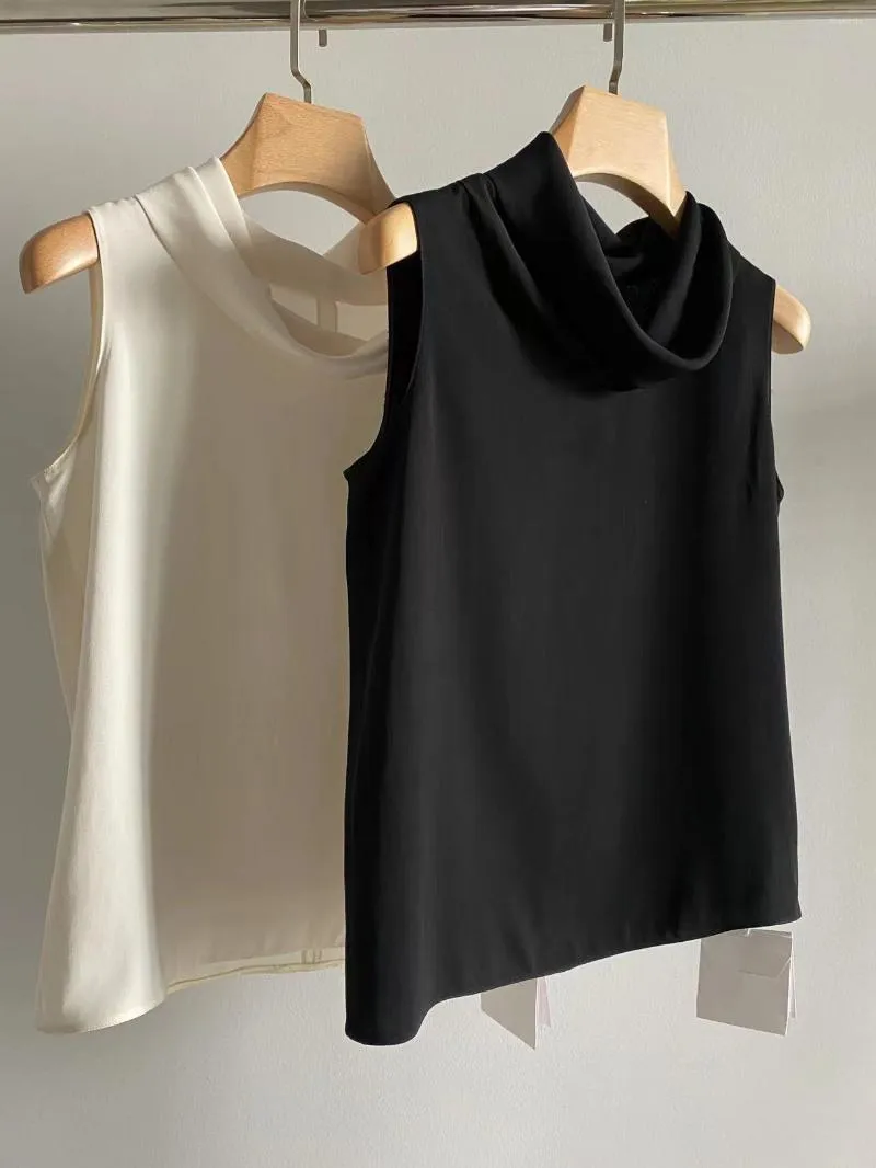 Blouses pour femmes 2023 été minimaliste réversible acétate pile col haut tendance Cool tissu sans manches Blouse femmes