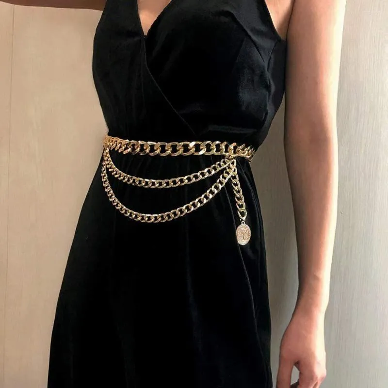 أحزمة بانك متعددة الطبقة حزام سلسلة الخصر للنساء من سبيكة الهيبوب المعدنية اللون الذهبي اللباس اللباس إكسسوارات أنثى الجسم