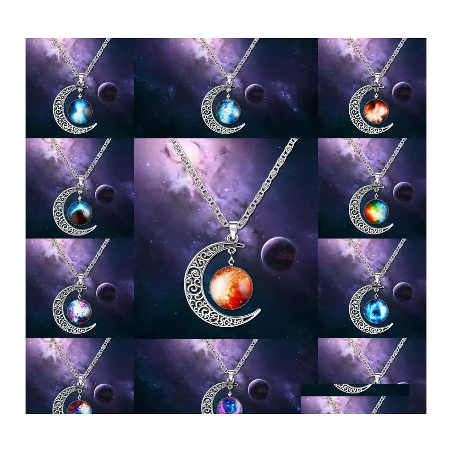 Anhänger Halsketten Mode Galaxy Planet Mond Cabochons Glas Welt Sternenraum Mondstein Charms Halskette für Damen Halsband Schmuck Otyqb