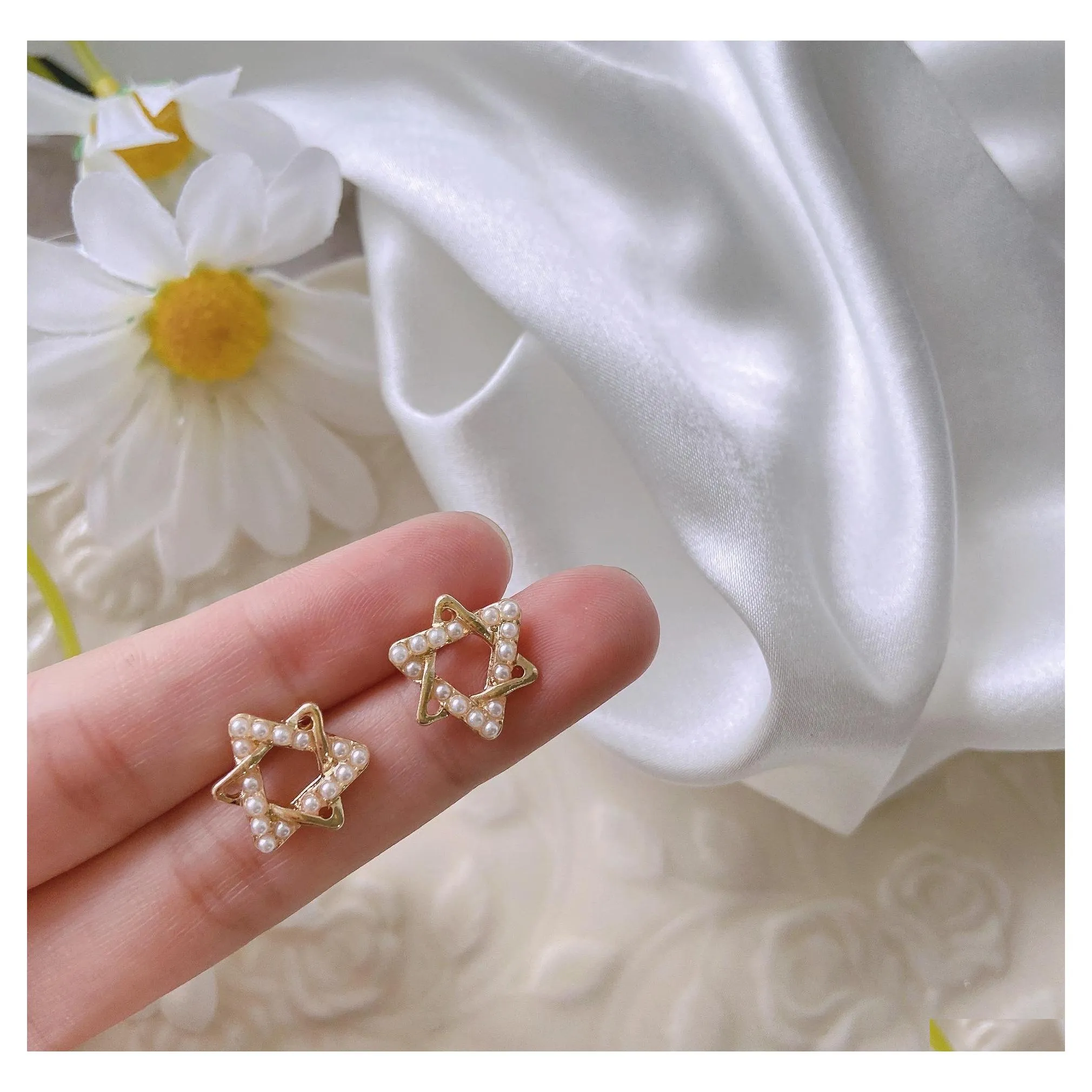 スタッドファッションジュエリーS925 sier post hexagram earrings for women faux pearl star drop Delivery dhgrs