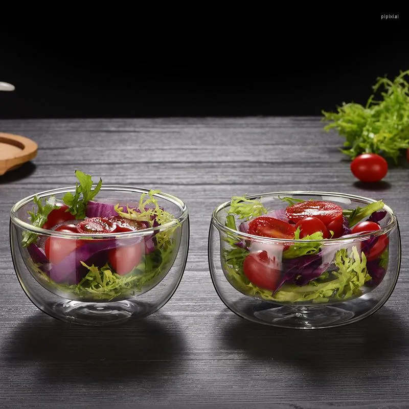 Placas Tigela de vidro duplo Borossilicato Tableware transparente Salada de frutas Placa de café da manhã Aveia de aveia