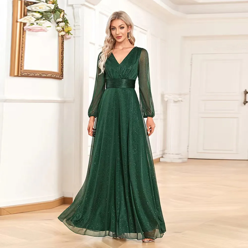 Elegant Green Mother Of The Bride Jewel Neck Long Sleeve Lace Appliques Beaded Sequined Prom Dress Formal Evening Dresses Arabic Dubai Females Robe De Soiree