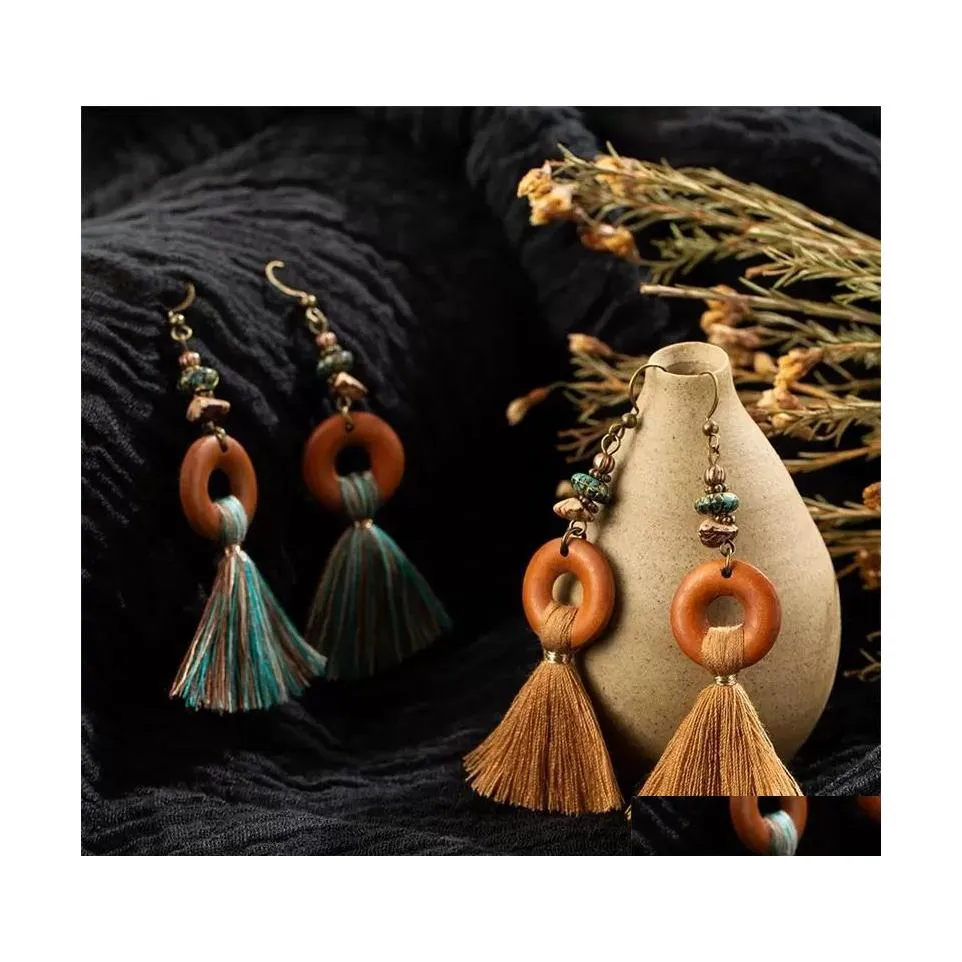 Dangle Chandelier Bohème Fringe Gland Boucles D'oreilles Pour Les Femmes Ethnique Vert Jaune Couleur Goutte Boucle D'oreille Géométrique Bois Boucle D'oreille En Bois Je Dhglk