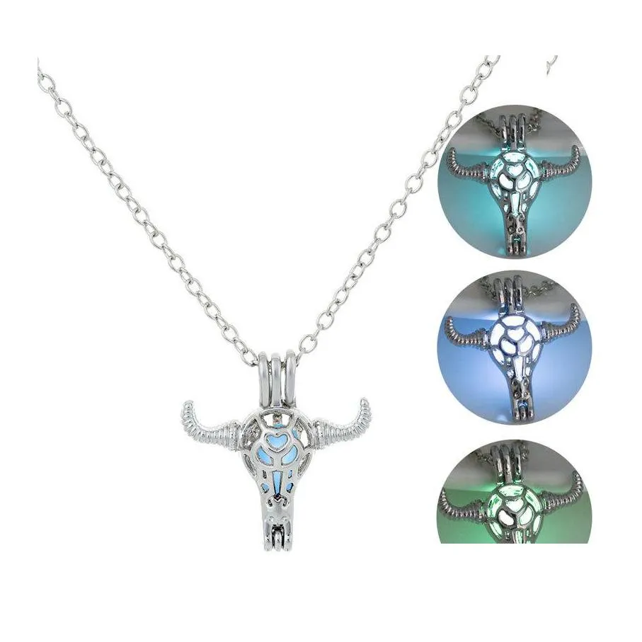 Médaillons Mode Lumineux Bl Tête Pendentif Colliers Pour Les Femmes Glow In The Dark Stone Cage Ouvert Sier Chaînes Bijoux Bk Drop Delivery Pe Ot2Wo