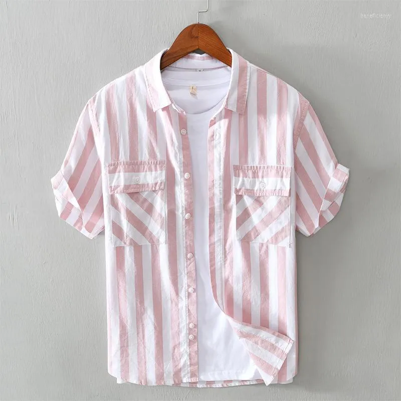 Chemises décontractées pour hommes Été à manches courtes Hommes Coton Chemise à rayures Hommes Style japonais Camisa Masculina Vêtements coréens Harajuku