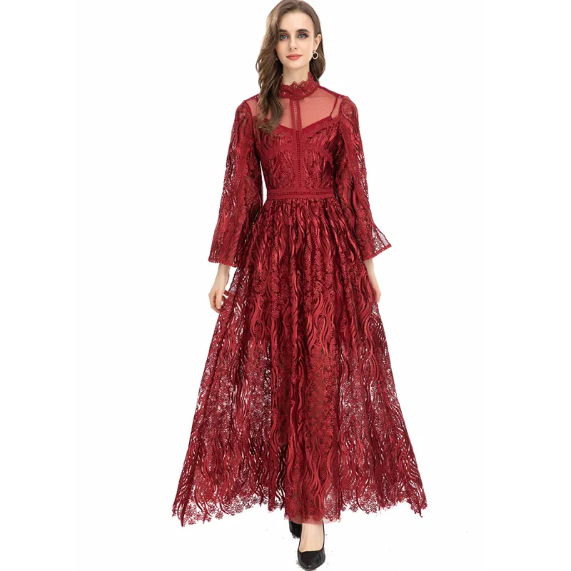 Women's Runway Dresses Stand Collar Long Flare Sleeves Embroidery Tiered Ruffles Tassels Elegant Fashion Designer Vestidos Prom