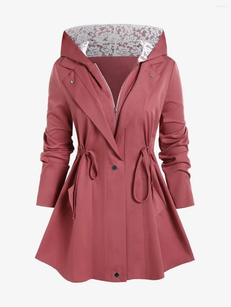 Trench-Coats Femme ROSEGAL Mode Veste Femme Plus La Taille À Capuche Cordon De Serrage Panneau En Dentelle Manteau Rose Clair Zip Complet Taille Haute Outwear