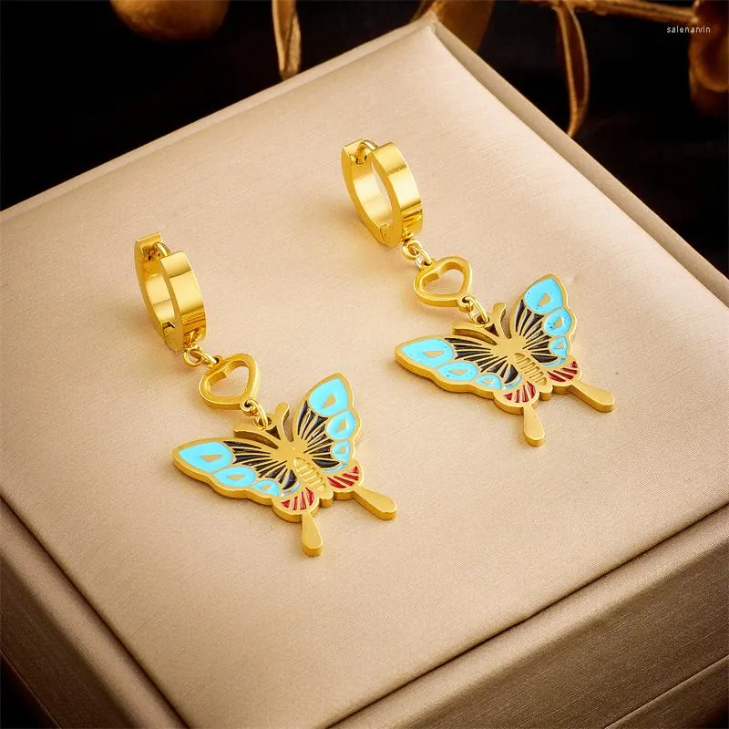 Boucles d'oreilles en acier inoxydable 316L, bijoux fins à la mode, pendentif circulaire, cœur d'amour, peinture colorée papillon pour femmes