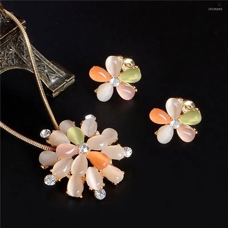 Ensemble de boucles d'oreilles et collier Hesiod, fleur colorée, cristal opale, couleur or, mode mariage, pendentif de mariée, ensembles de boucles d'oreilles