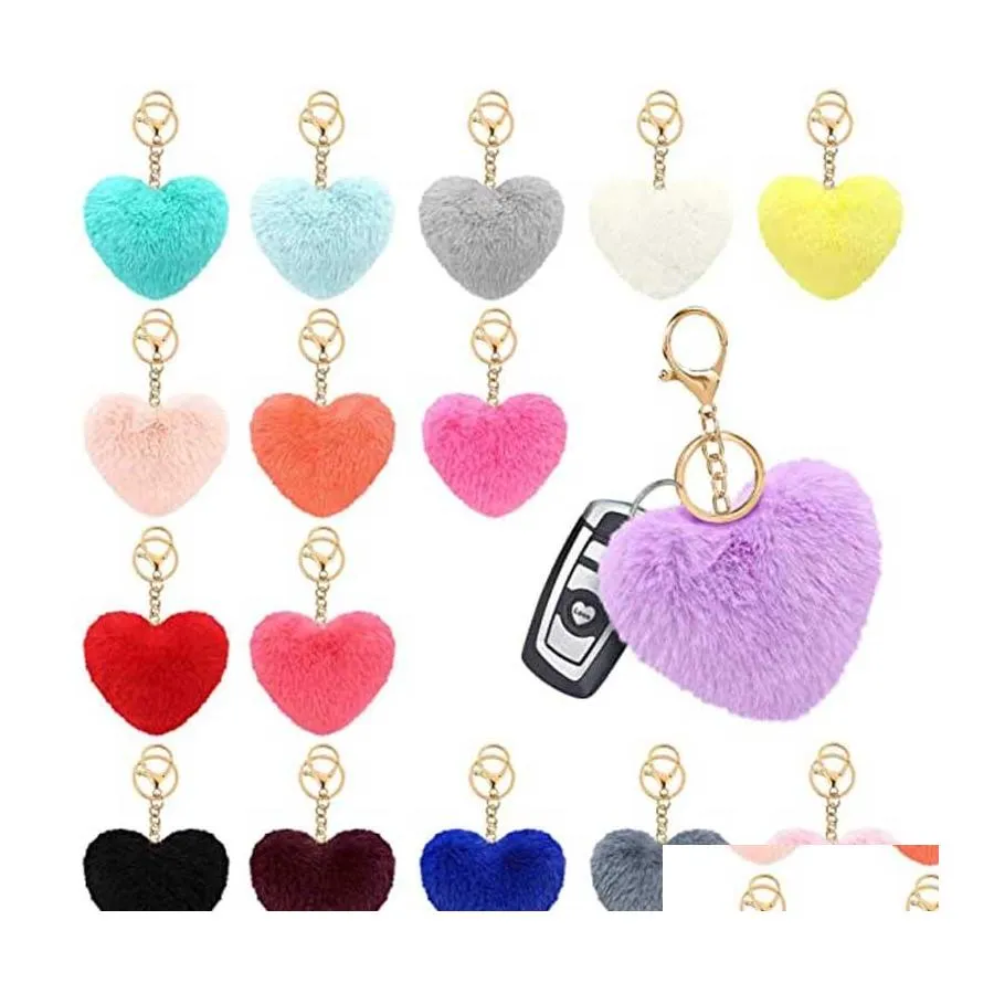 Key Rings Artificial Fuzzy Ball Ring Fashion Heart Shape Pompom Keychain Faux Fluffy Plush KeyFobs Jewely Bag Beautif Accessories D DH4V7