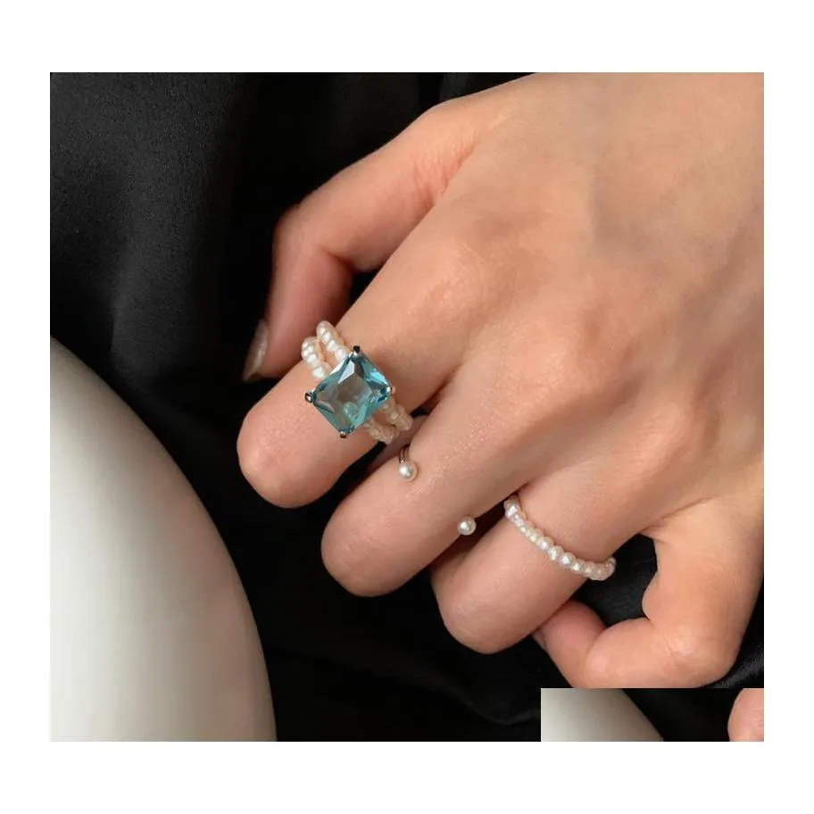 Cluster Rings Siology 925 Sterling Sier Natural Pearl Square Blue Zircon For Women Double Lay Light Luxury 2021 Chic smycken Drop Dh0er