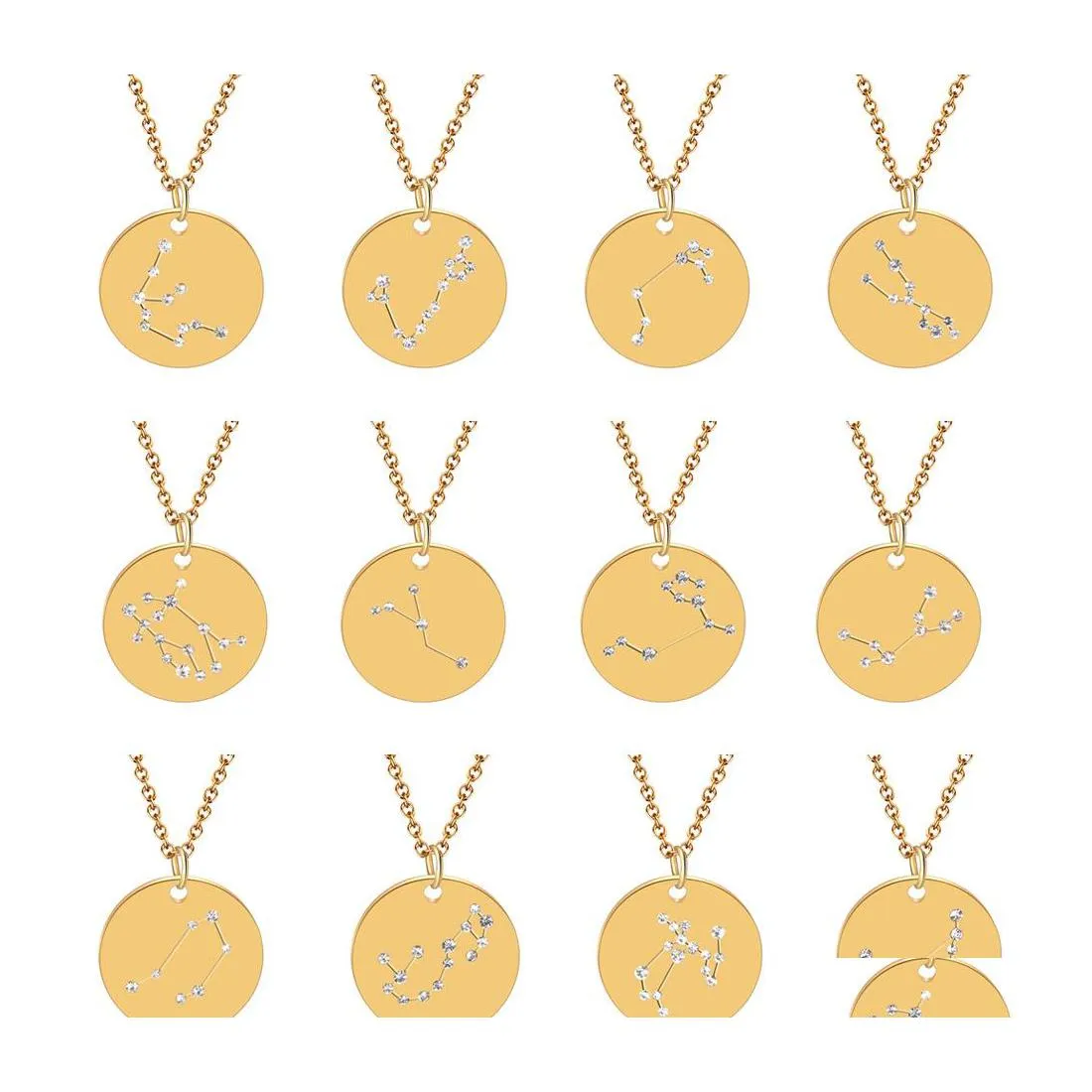 Colliers pendants cr￩atifs 12 Signes zodiaques Collier pour femmes Fashion en acier inoxydable Charme Twee Constellations Crystal Jewelry Drop Dhmdf