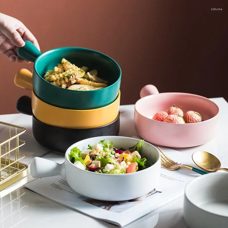 Bowls Nordic Ceramic Salad Bowl With Handle Breakfast Fruit Solid Color Dessert Soup Noodle Microwave Kitchen Tableware