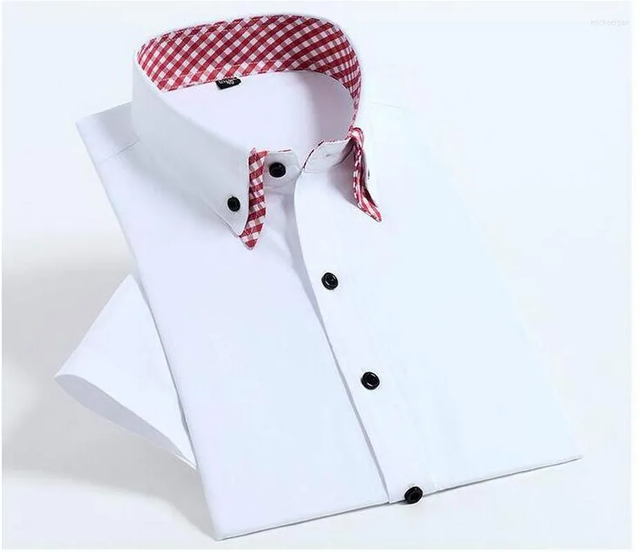 Men's Casual Shirts Quality Diamond Men Short Sleeve Shirt Button White Formal Solid Plaids Dress Turn Down Slim Fit Camisa Masculina