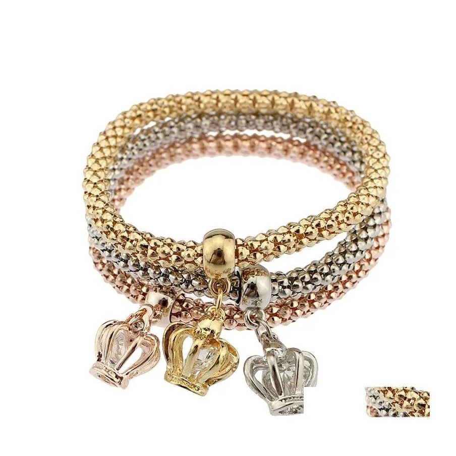 Charm Armbänder Dreifarbige Krone 3 stücke Sets Kristall Zirkonia Stretch Thread Armreif Für Frauen Herren Elastische Modeschmuck Drop D Otjvy