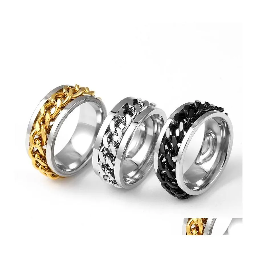 Ringos de banda 8mm anel de corrente de girador preto legal para homens links rotativos de aço inoxidável jóias punk machos femininos de moda em bk dr ot6lw