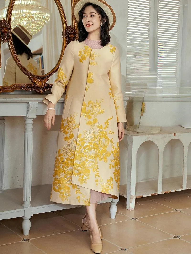 Trench femme manteaux automne printemps femmes jaune Dobby Floral manteau irrégulier femme vêtements élégant fleur Jacquard Vintage Long