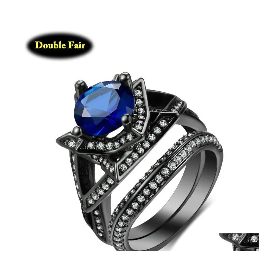 Cluster Rings Luxury Black Nano Blue Cubic Zirconia Party 2Pcs Sets Gold Color Fashion Brand Punk Style Jewelry Gift Dwr703 Drop Del Dhdn8