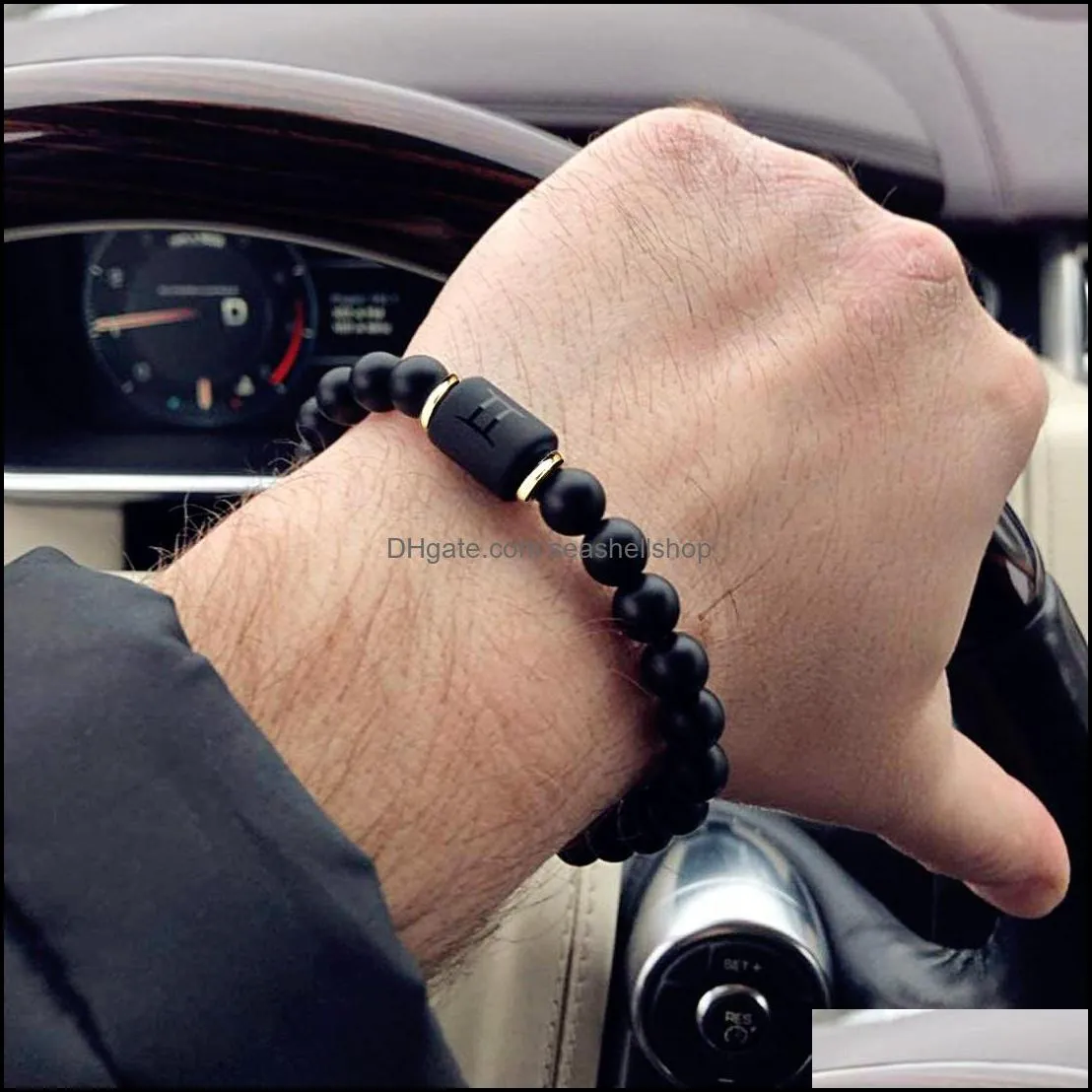 Perline di pietra nera perline 12 Constellation Coppia Bracciale Uomo Bracciali per donna Pseras Moda Mascina Hombre Uomo Uomo Gioielli Drop De Dhf3H