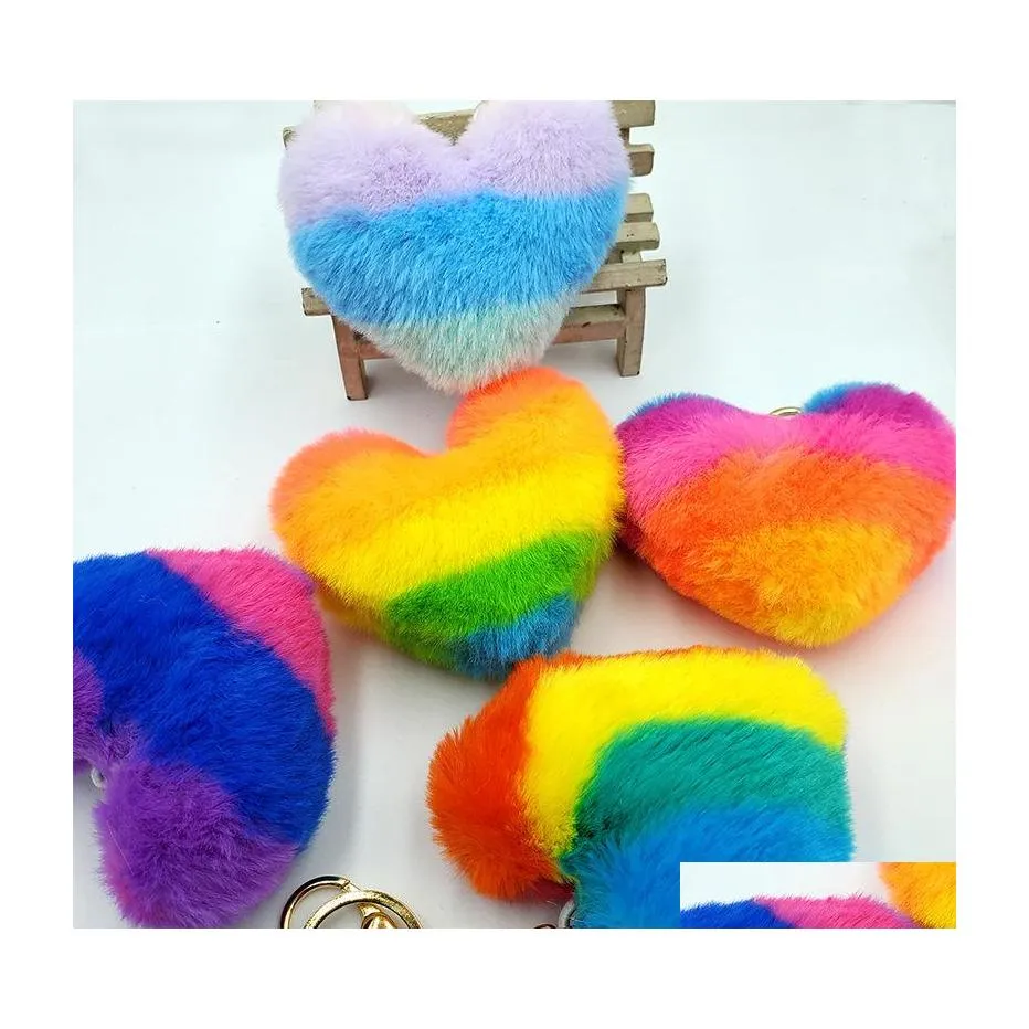 Portachiavi Cuore Pompon Arcobaleno Palline di peluche Portachiavi Ciondolo per donna Accessori borsa per auto moda Portachiavi Titolare P285Fa Drop Deliv Dhrkm