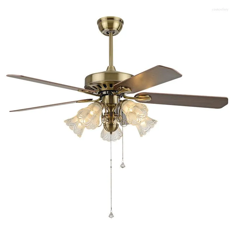 American Retro Wooden Leaf LED Fan Light 52 Inch Dining Room Bedroom Living Lighting Household Ceiling