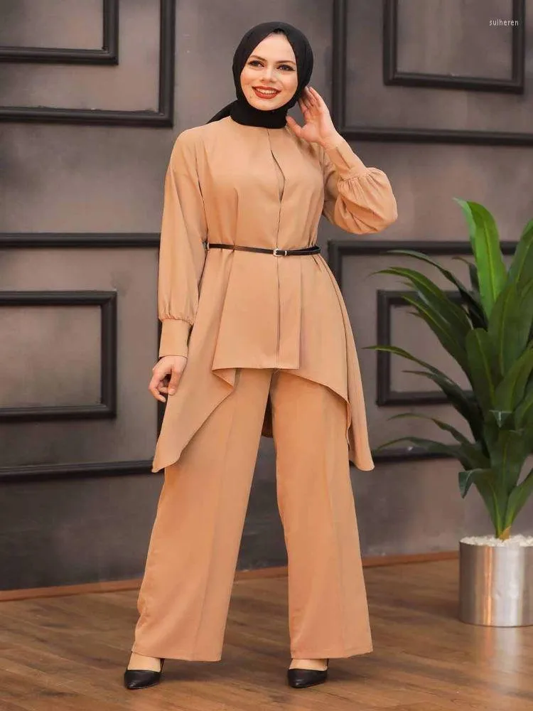 Etnik Giyim İki Parçalı Setler Üstler ve Pantolon Kadın Türkiye Müslüman Uzun Elbise Bölünmüş Abaya Elbiseleri Ramazan Fas Kaftan İslami