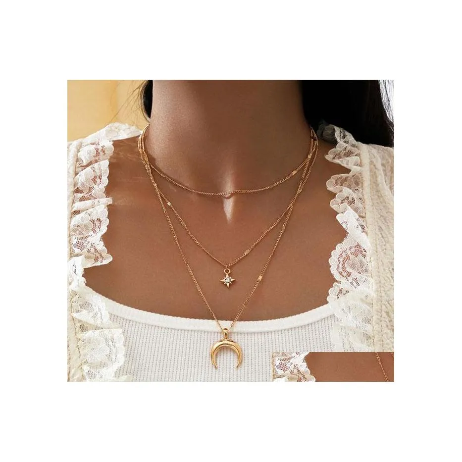 Pendant Necklaces Fashion Jewelry Mti Layer Necklace Star Moon Chain Choker Drop Delivery Pendants Dhu0T