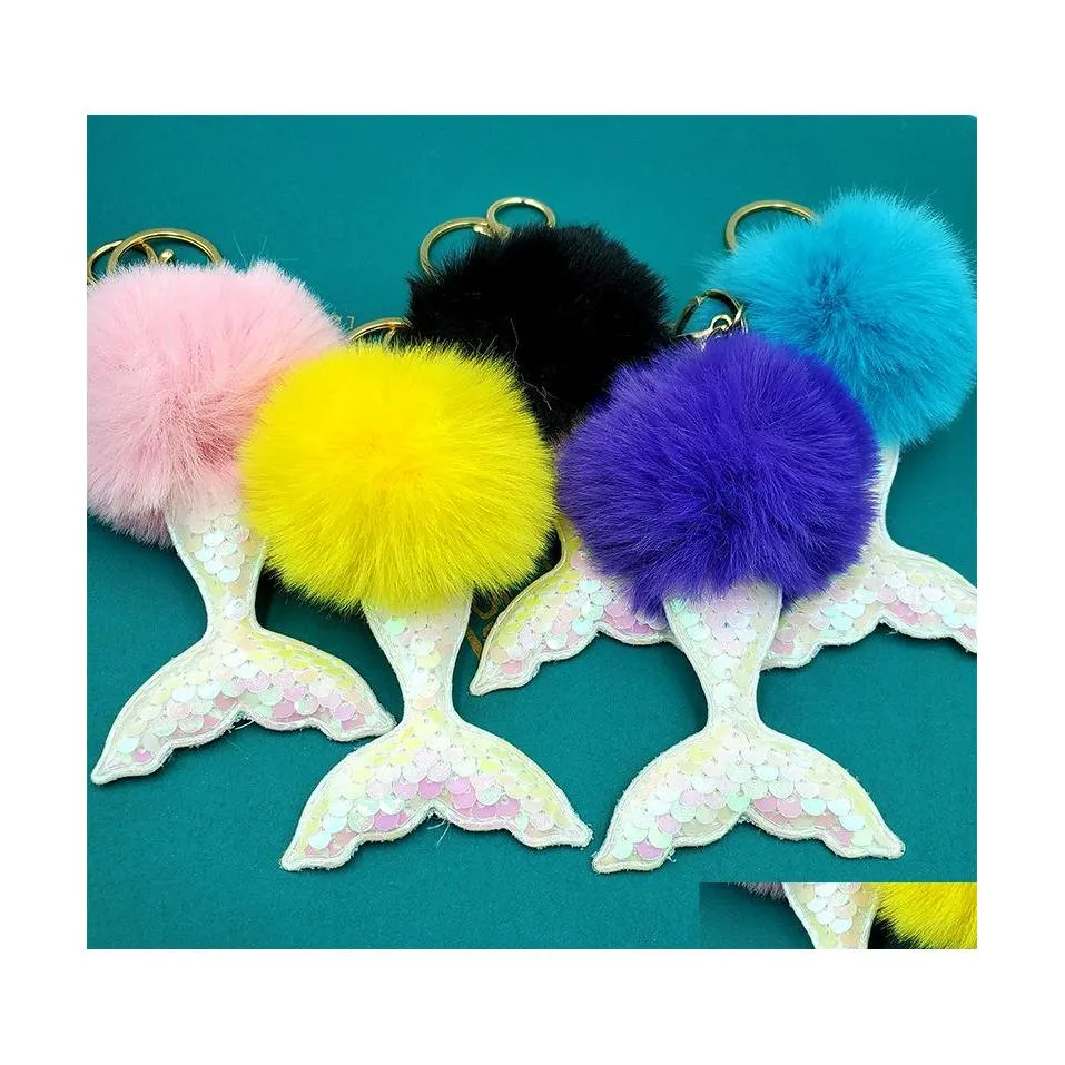 Key Rings Mermaid Tail Pompoms Pendant 15 Styles Fashion Faux Rabbit Fur Ball Keyfobs Pompom Keychains For Women Girls P286Fa Drop D Dhize