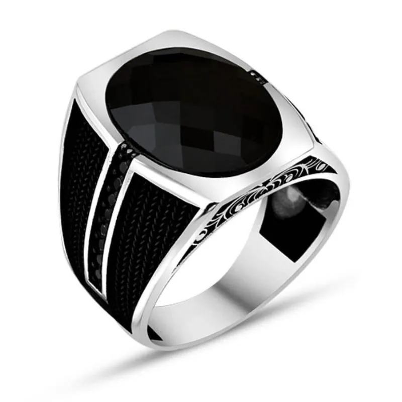 Cluster Rings Men Silver Ring With Oval Big Black Zircon Stone Gifts For Made In Turkey Solid 925 Sterling