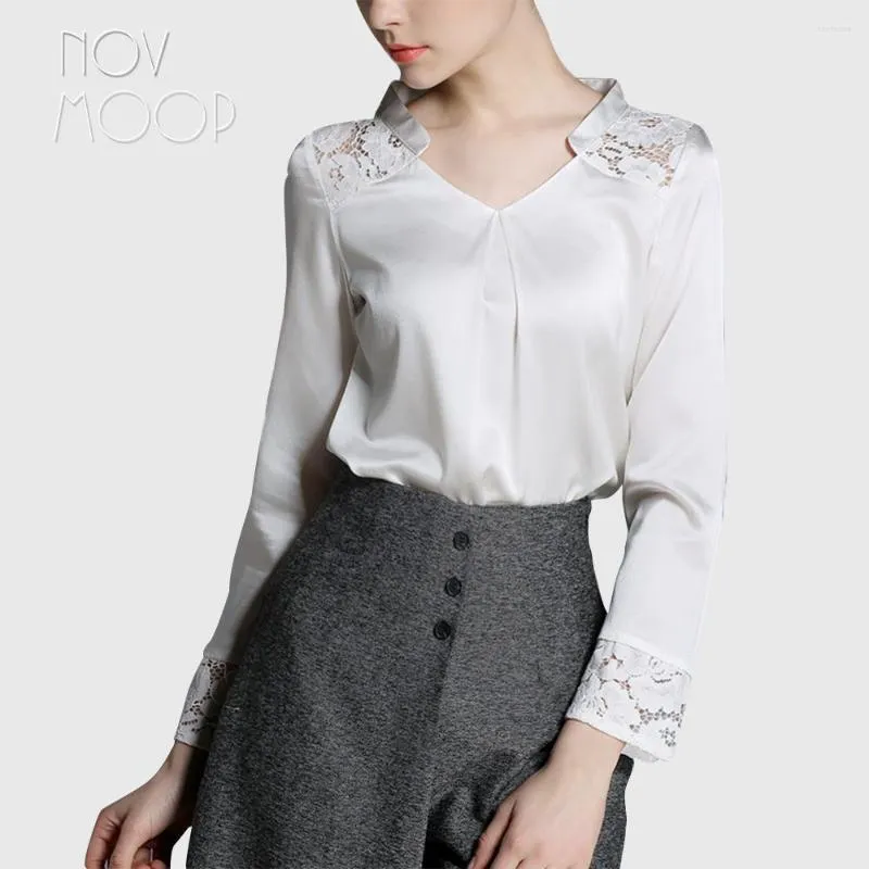 Blusas femininas elegante hollow out renda emendada, senhoras naturais de seda e camisa branca preta real camisa blusa lt1980