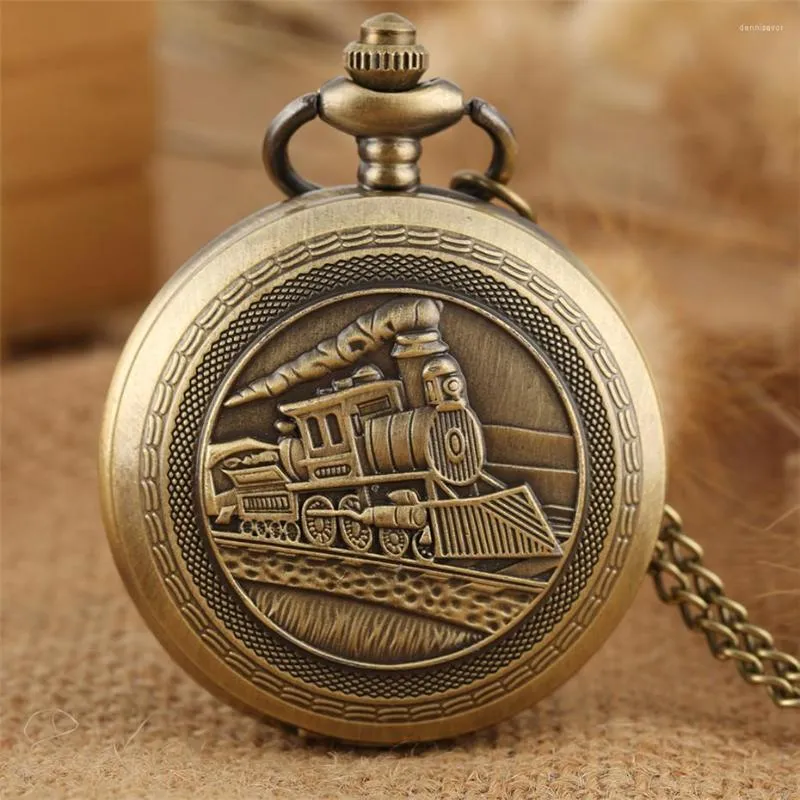 Карманные часы классические старомодные стимпанк дизайн поезда Quartz Watch Pendant Fob Chain Bronze Colce Clock для мужчин.