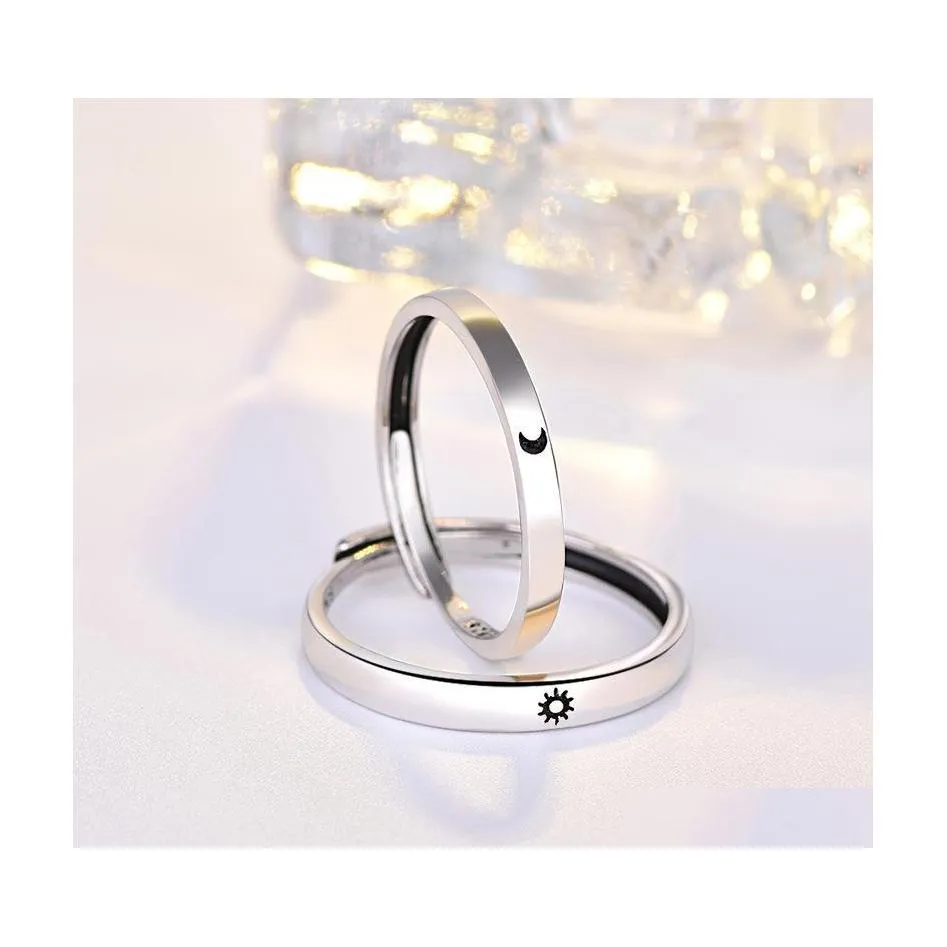Cluster Rings S925Sier Simple Opening Sun Moon Ring Minimalist Sier Color Adjustable For Men Women Couple Engagement Jewelry Drop Del Dhwgz