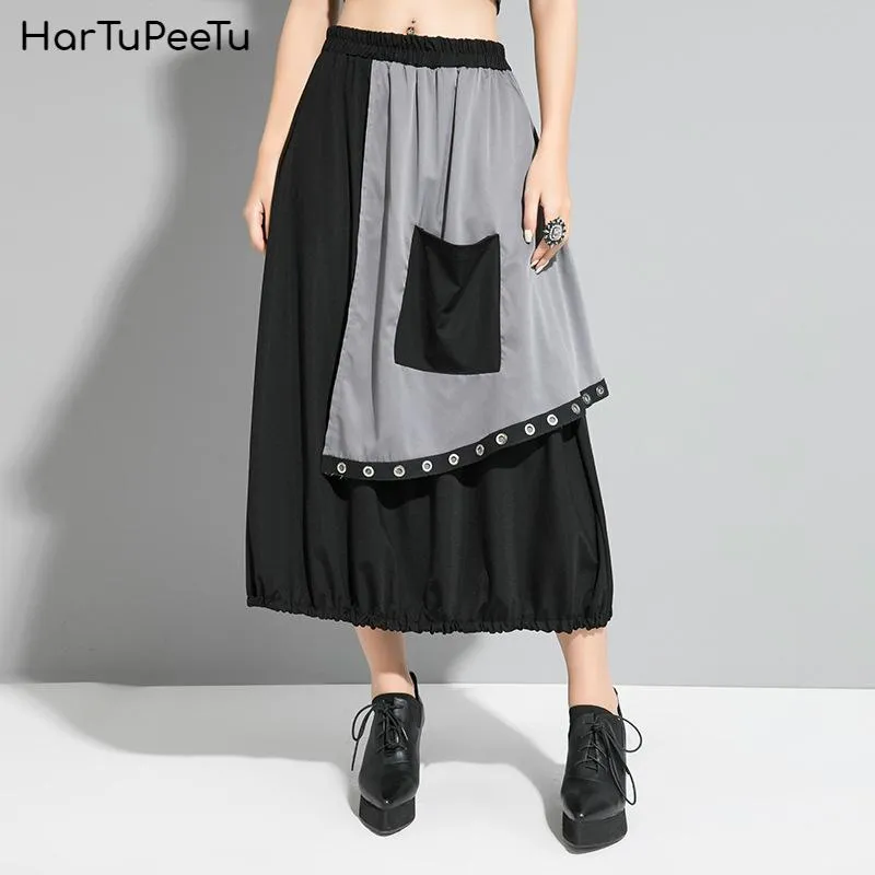 スカート不規則なスカートの女性長いクール2023春の夏プラスサイズルーズパッチワークメタルリング飾る弾性ウエストポケットを飾る