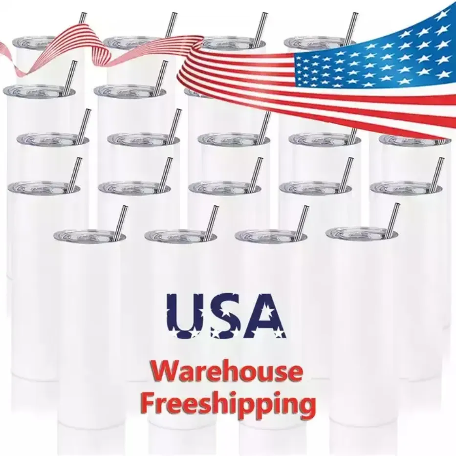 USA Warehouse Water Bottles Tumblers 20oz Flat Edge Blank SubliMation Tumbler Straight Cups rostfritt stål Ölkaffe muggar botten höger vinkel SS0128