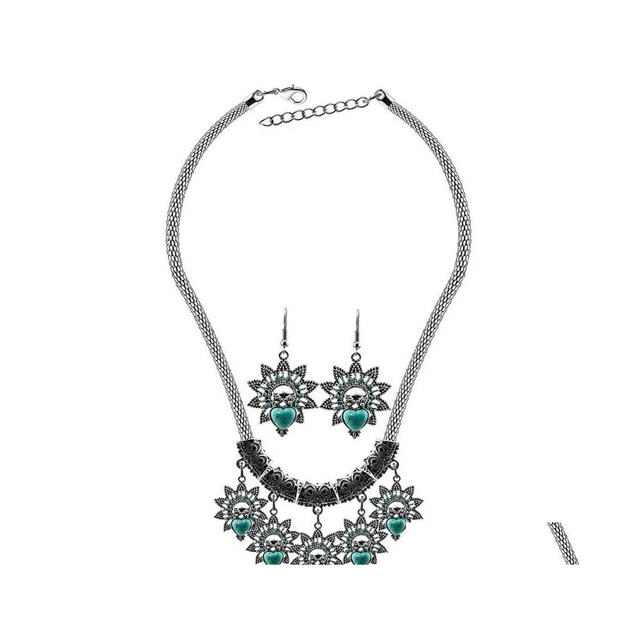 Earrings Necklace Vintage Turquoise Statement Necklaces Earring Sets For Women Jewelry Owl Pendant Dangle Chandelier Drop Delivery Ot0Wa