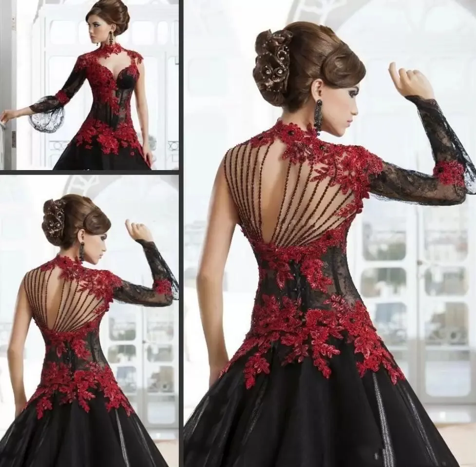 Victoriaanse gothic maskerade prom jurken hoge nek rood en zwart een lijn kanten appliques formele avondjurken kralen vintage speciale ocn jurk vloer lengte