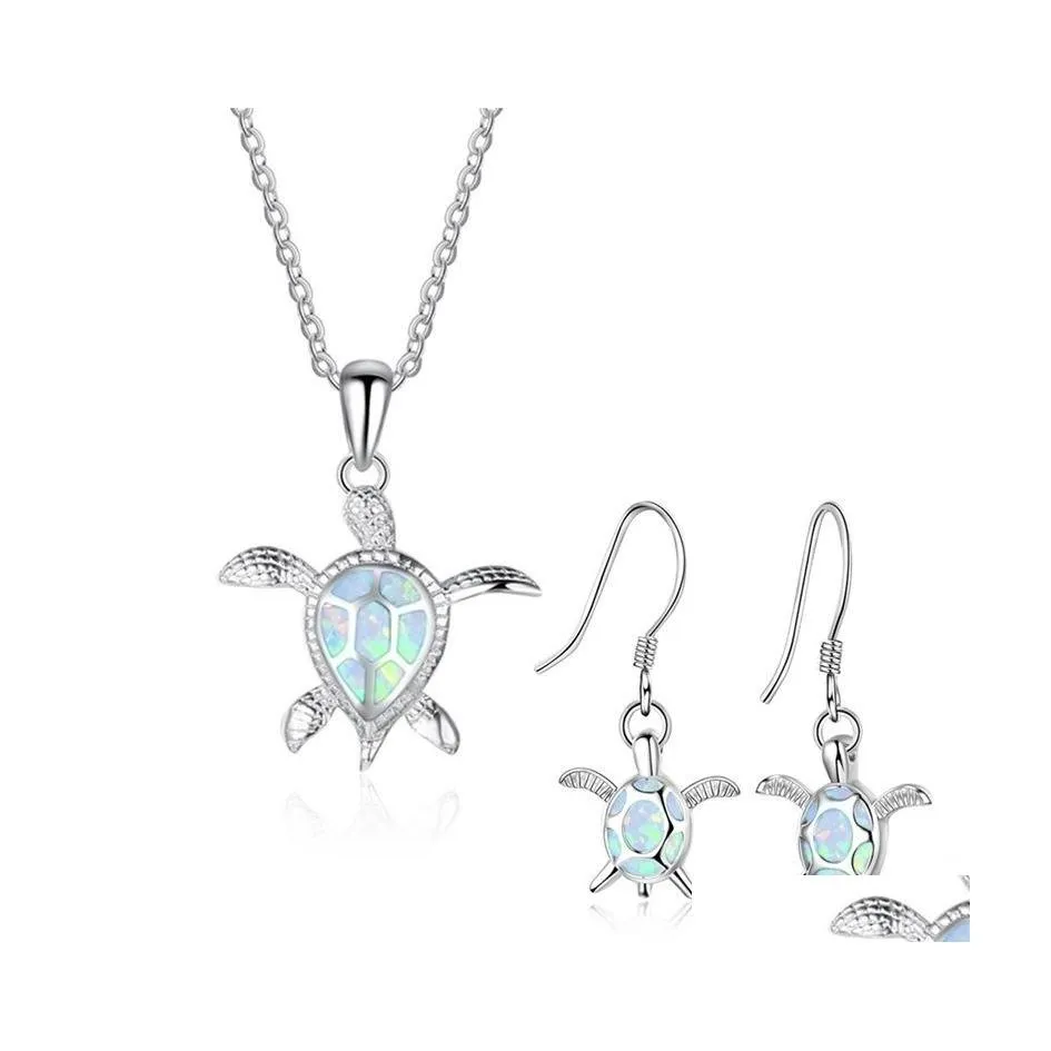 Earrings Necklace Cute Sea Turtle Jewelry Set Trendy Opal Stud Earring For Girl Women Gift Drop Delivery Sets Otbz5