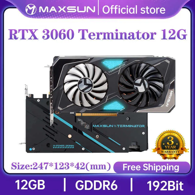 Cartes graphiques Maxsun Nouvelles nouvelles RTX 3060 Terminator 12G / 8G GDDR6 GPU NVIDIA Computer PC 192BIT / 128 bits Carte vidéo