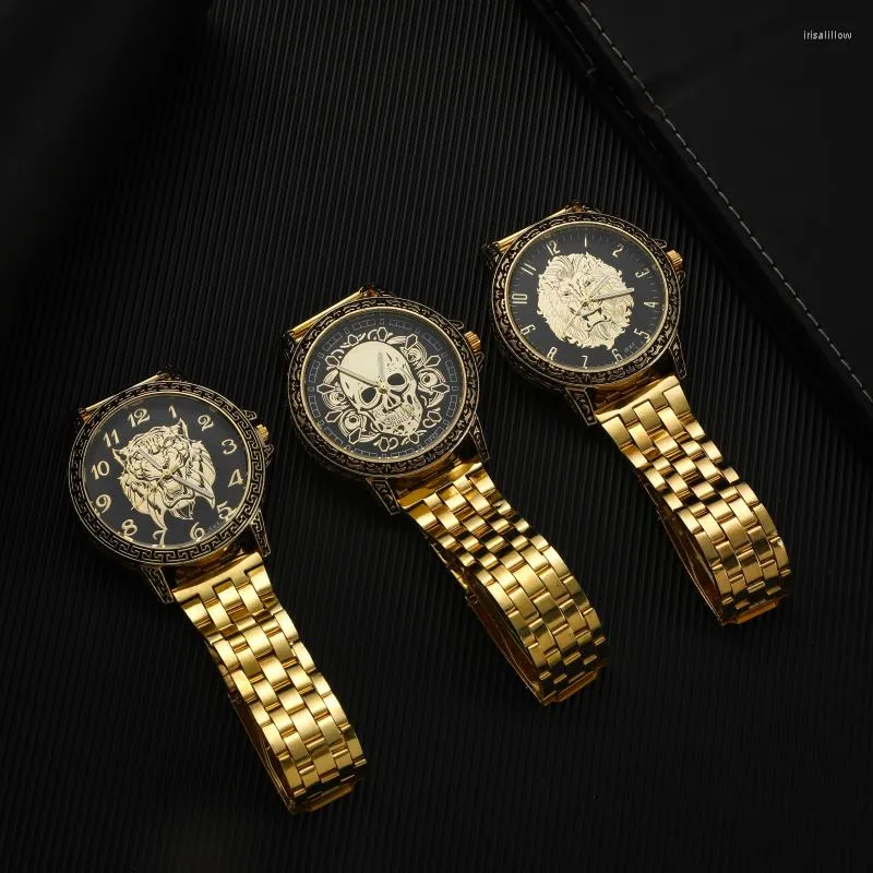 Polshorloges Gold Skull Lion Tiger Men Luxe zakelijk Militair Kwarts Kijk Golden roestvrijstalen band horloges mannelijke klokrelogio