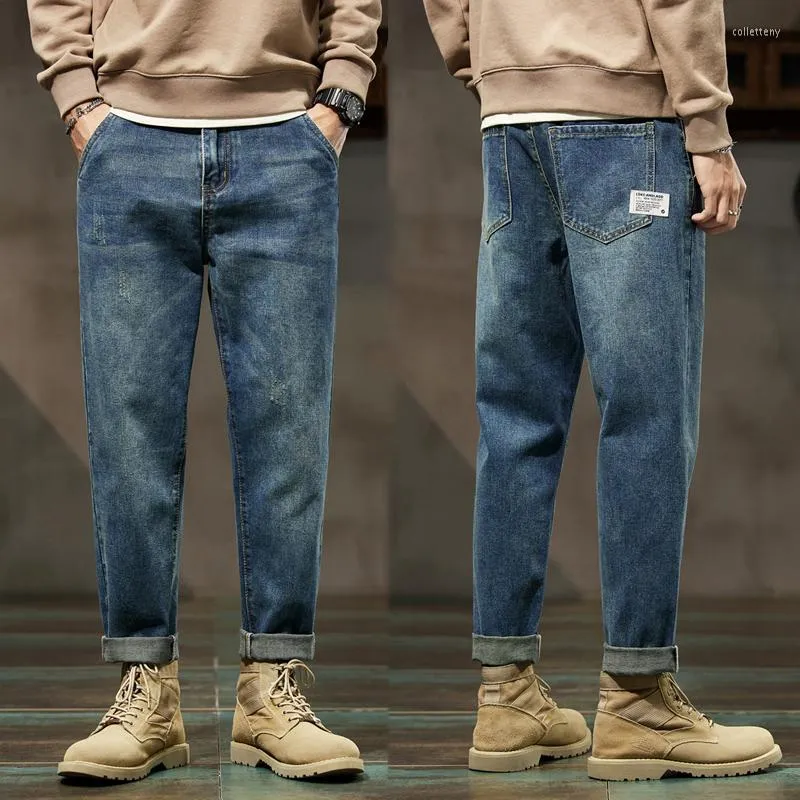 Mäns jeans baggy män harem byxor löst fit wide ben vintage kläder casual manlig denim byxor streetwear lappade fickor hiphop kpop
