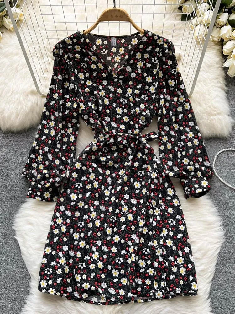 Vestidos casuais yuoomuoo primavera outono feminino vestido moda moda romântica estampa floral faixa bandagem de manga cheia vestidos coreanos