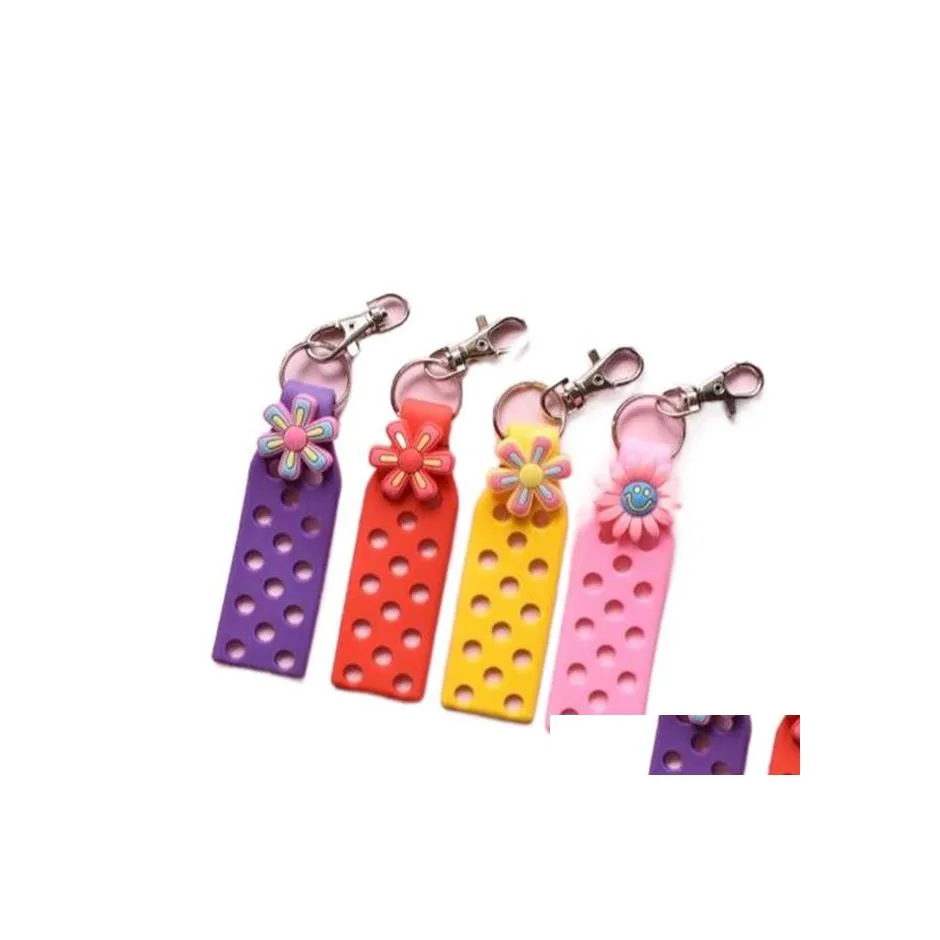 Sko delar tillbehör Colorf Croc KeyChain Holder Candy Color Sile Wristband Hine justerbar platta för charms kvinnor barn present c dhxr7