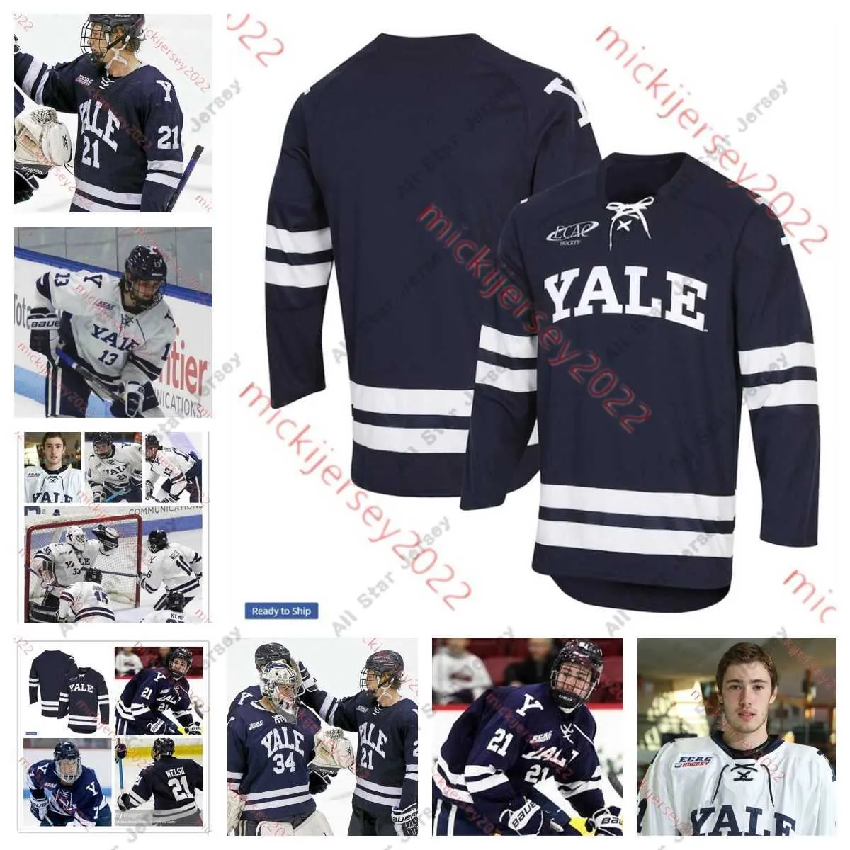 Le hockey universitaire porte un maillot de hockey Yale cousu sur mesure 8 Ryan Conroy 9 Henry Wagner 10 Reilly Connors Niklas Allain Ryan Stevens Teddy Wooding Ian