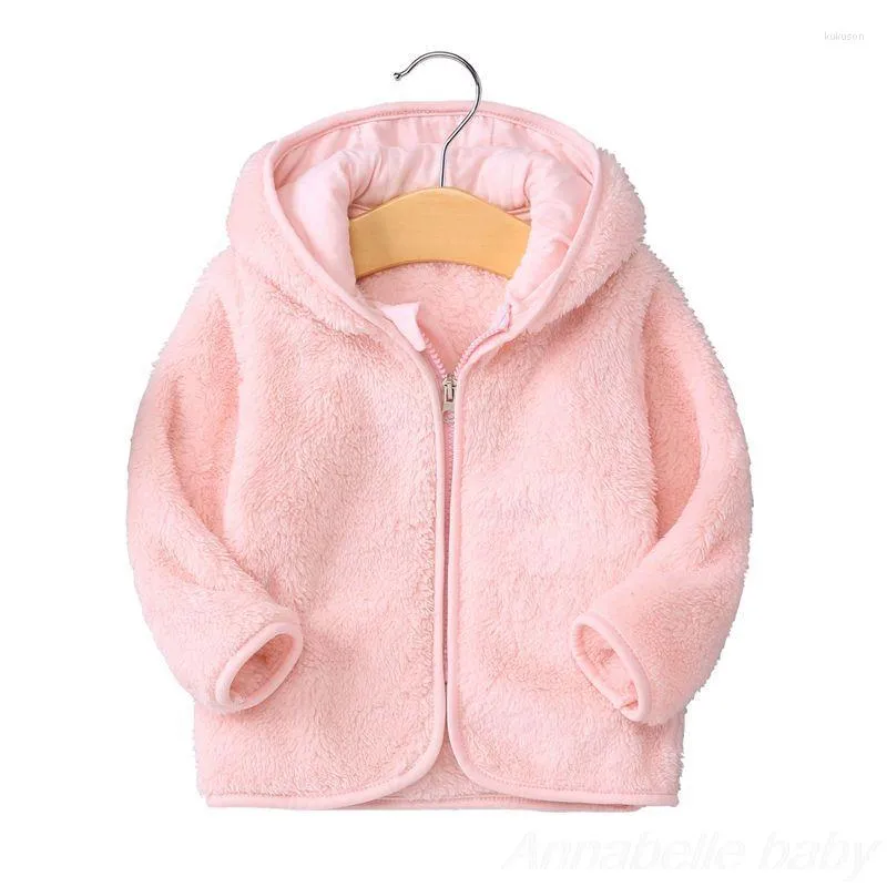 Jackor Autumn Winter Cute Baby Kids Girls Fannel Jacket Pink Hooded Coat Korean Toddler Zipper Plush Casual Ytterkläder Snowsuit Bebes