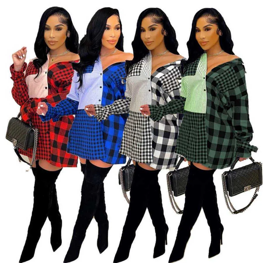 Womens Shirt Dress designer Plaid Frosted Stitched Single Breasted Sleeve Lace Up Shirt Dress 4 colours S-XXL