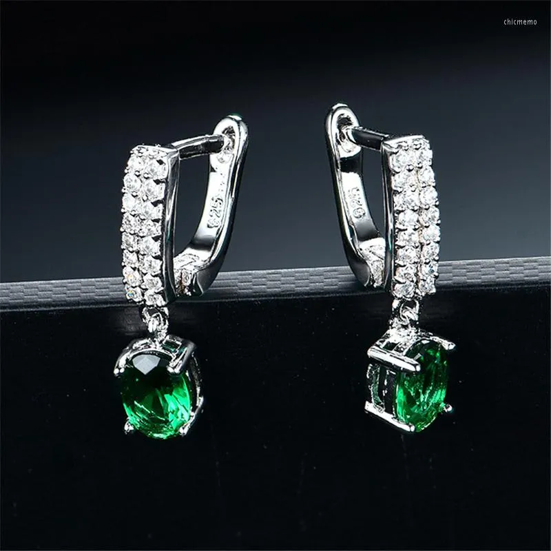Dos Boucles D'oreilles Réel 925 Sterling Sliver Dangle Drop Créé Russe Nano Emerald Vintage Clip Pour Femmes Cadeaux Fine Jewelry